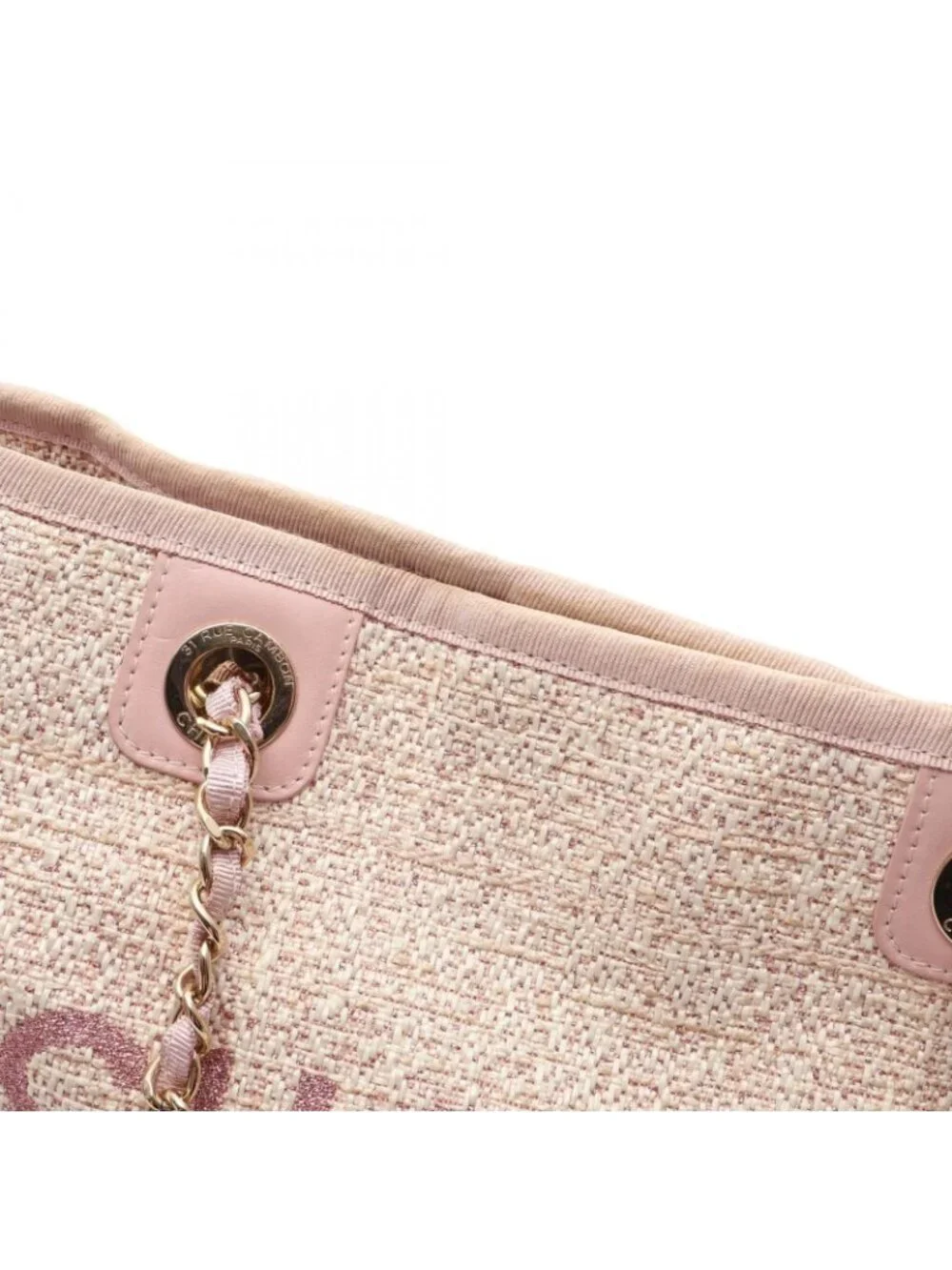 Chanel Tote Bag Deauville Pink Fabric Leather Chain MM